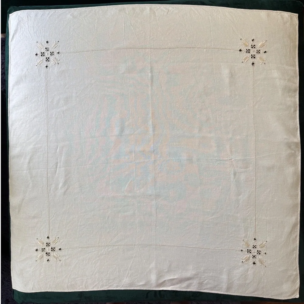 Vintage Hand Embroidered Linen Tablecloth Cream Off White Square 34x34 inch